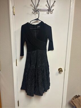 Adrianna Papell Black Midi Dress with Embroidered Skirt